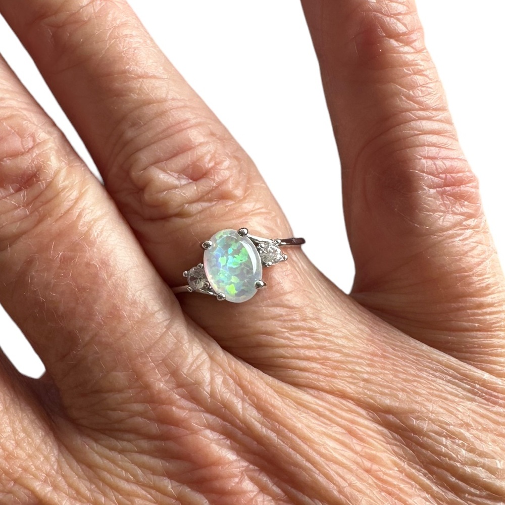 Opal Solitaire Silver Ring With Diamond Rhineston… - image 6
